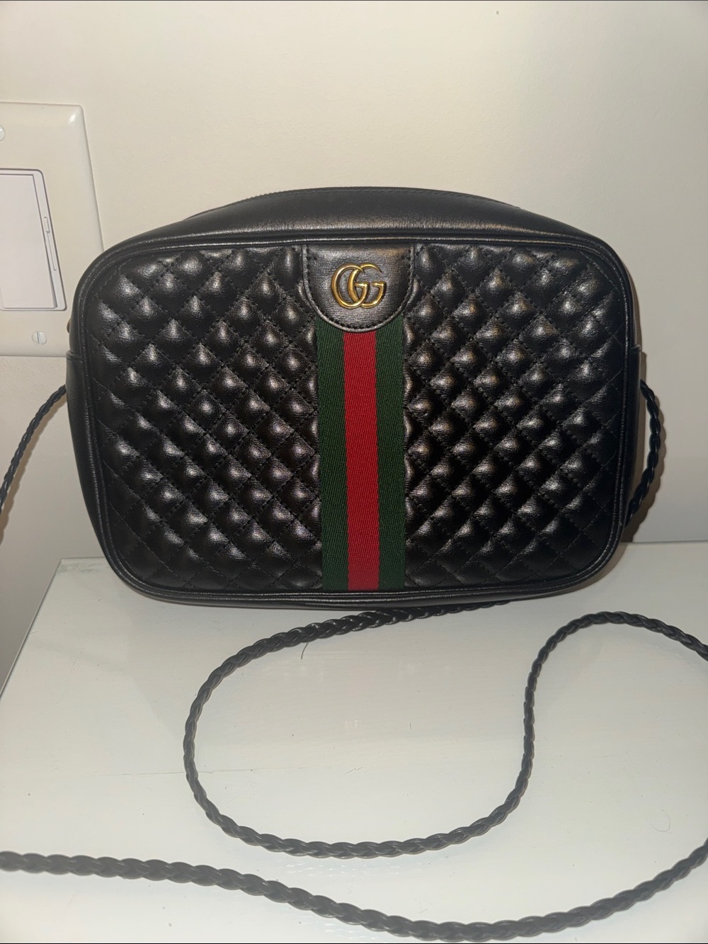Gucci Black Quilted Leather Messenger Bag with Green and Red Stripe